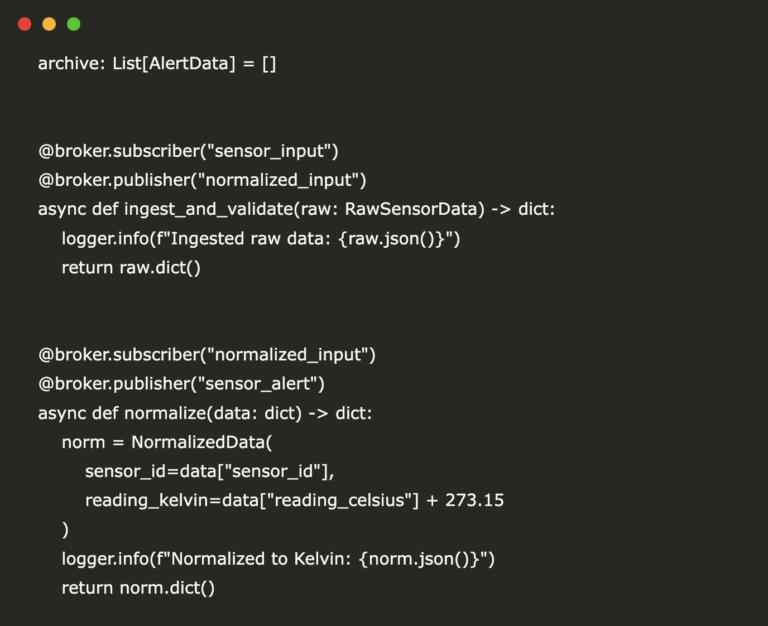 A Code Implementation of a Real‑Time In‑Memory Sensor Alert Pipeline in Google Colab with FastStream, RabbitMQ, TestRabbitBroker, Pydantic